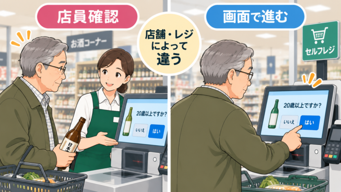 セルフレジのお酒の年齢確認方法が店舗やレジによって異なることを示した比較イラスト