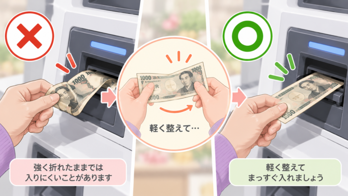 折れたお札を軽く整えてセルフレジへまっすぐ入れる方法を示したイラスト