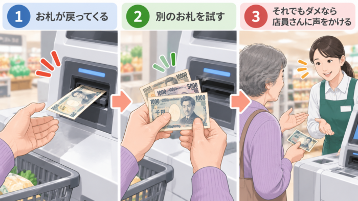 セルフレジでお札が戻ったときに別のお札を試し、それでも使えない場合は店員に確認する流れを示したイラスト