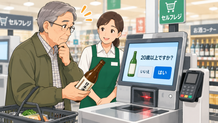 スーパーのセルフレジでお酒を購入しようとしている高齢男性のイラスト