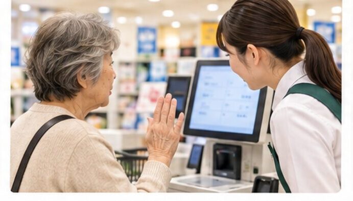 セルフレジの操作に困り店員へ声をかける日本人の利用者