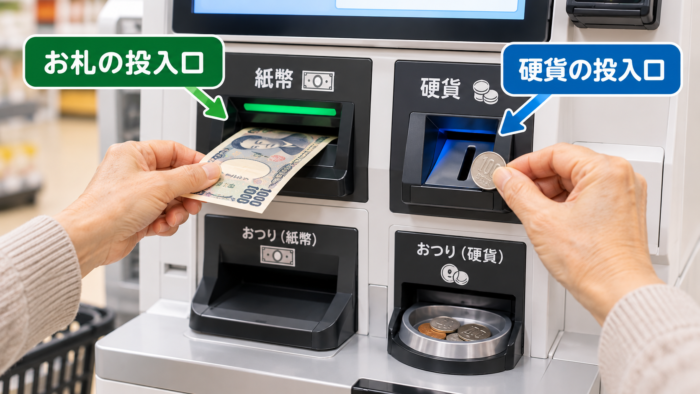 セルフレジの紙幣投入口と硬貨投入口に現金を入れる様子