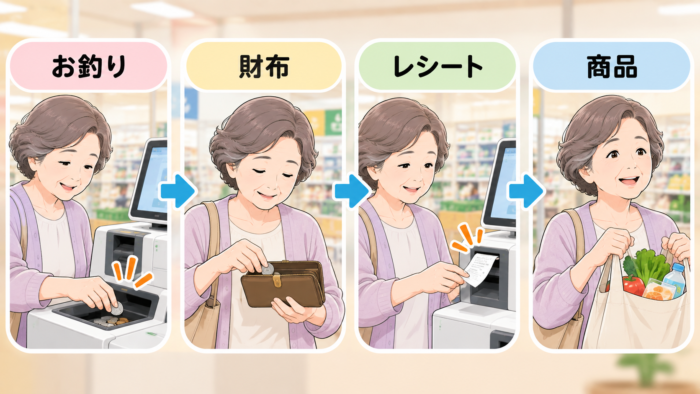 セルフレジでお釣りを受け取り、財布に入れ、レシートと商品を確認する順番を示したイラスト