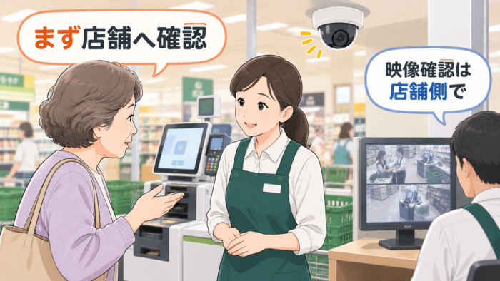 セルフレジでお釣りを取り忘れたとき、防犯カメラの確認は店舗側に相談することを示したイラスト