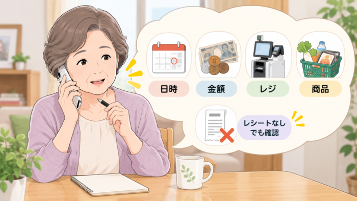 レシートがなくても日時・金額・利用したレジ・購入商品を確認して店舗へ問い合わせる方法を示したイラスト