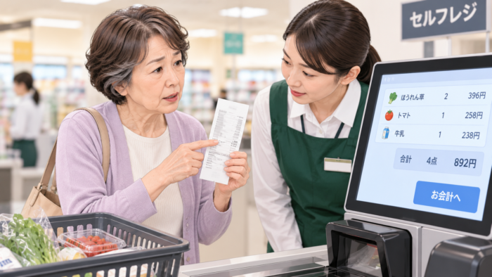 セルフレジの支払い後にレシートの二重登録を店員へ相談する高齢女性