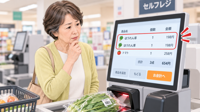 セルフレジで同じ商品を2回スキャンし、支払い前に重複登録を確認する高齢女性
