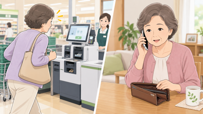 セルフレジでお釣りを取り忘れたとき、店に戻る場合と自宅から店舗へ電話する場合を示したイラスト