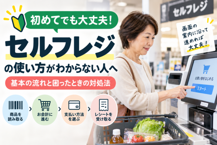 セルフレジの使い方を確認しながら操作する日本人女性と基本手順を示したアイキャッチ画像