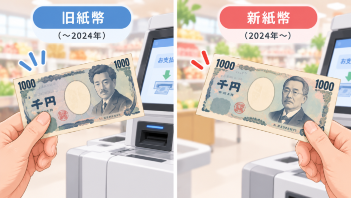 セルフレジで旧紙幣と新紙幣の違いを示したイラスト