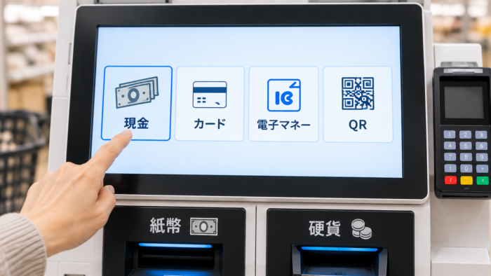 セルフレジの支払い方法画面で現金を選ぶ様子