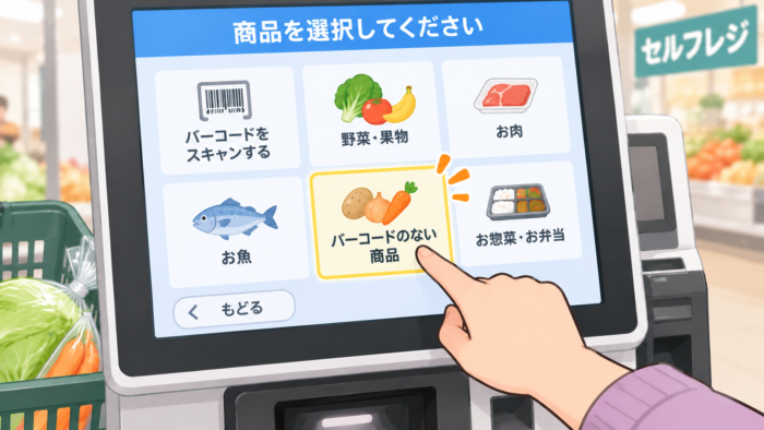 セルフレジ画面で「バーコードのない商品」を選ぶ場面