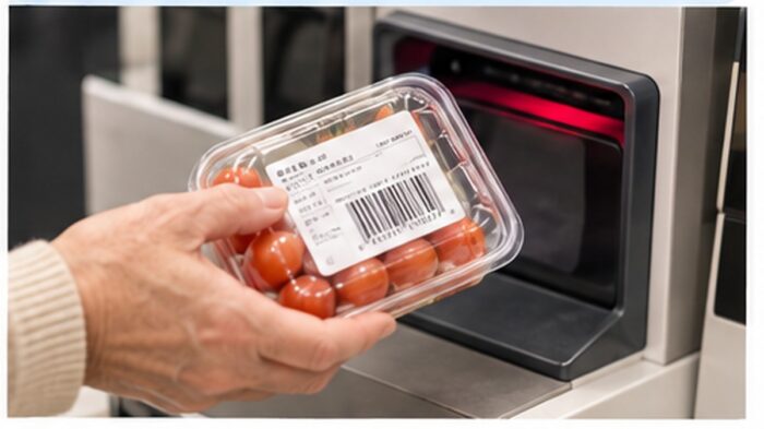 セルフレジのスキャナーに商品のバーコードを向けて読み取る様子