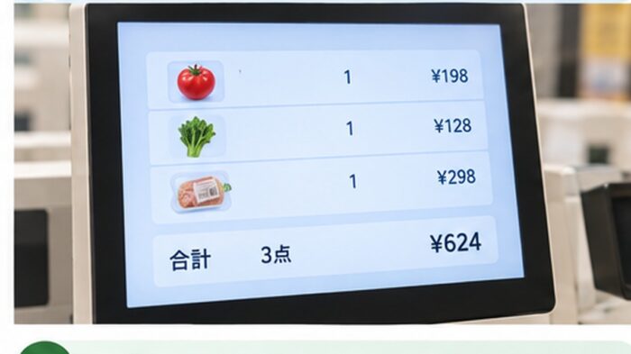 セルフレジで読み取った商品名や個数が表示されている画面
