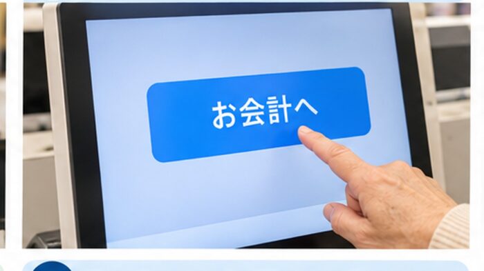 セルフレジの画面に表示されたお会計へ進むボタン