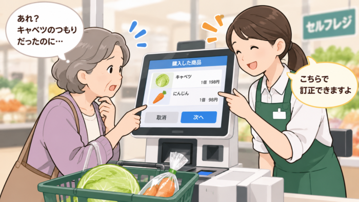 セルフレジで野菜を間違えて選び店員に確認する場面