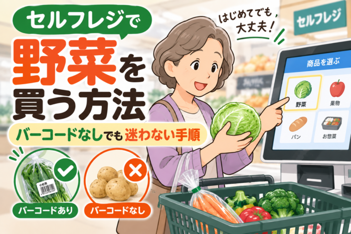 セルフレジでバーコードのない野菜を買う方法を示すアイキャッチ