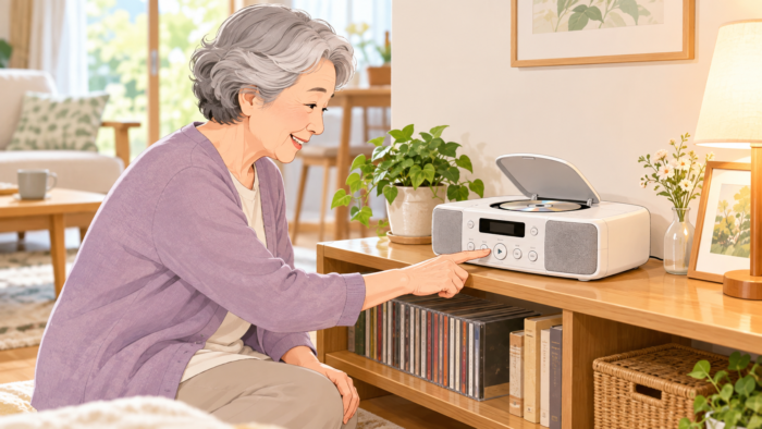 棚に置いたCDラジオを正面から操作するイメージ
