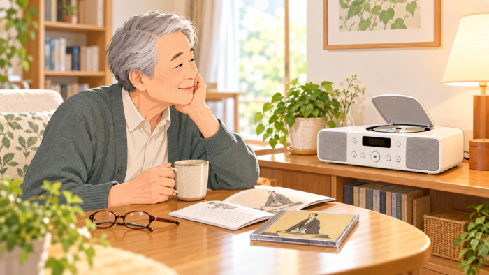 落語や朗読のCDを続きから聴くイメージ