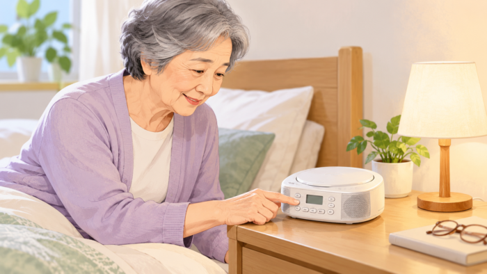 小さな台にコンパクトなCDプレーヤーを置いて使うイメージ