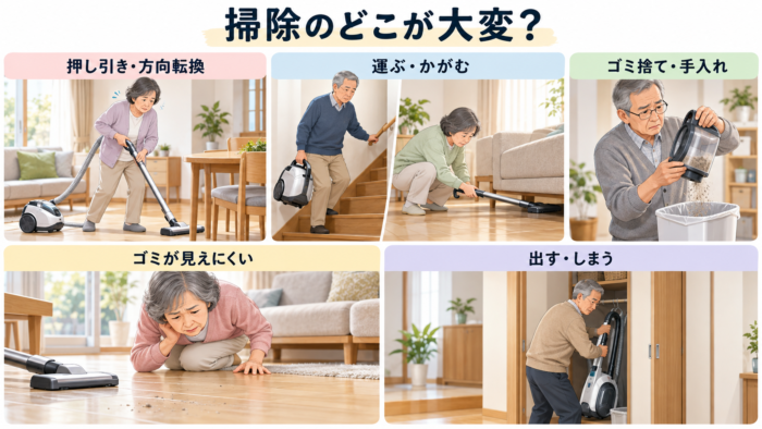 掃除機の押し引き・持ち運び・ゴミ捨て・ゴミの見えにくさ・準備と片付けの5つの困りごとから選び方を考える図