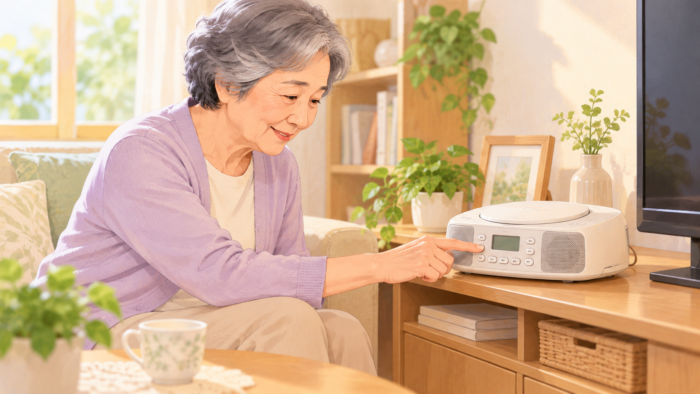 決まった場所に置いたCDラジオを毎日操作するイメージ
