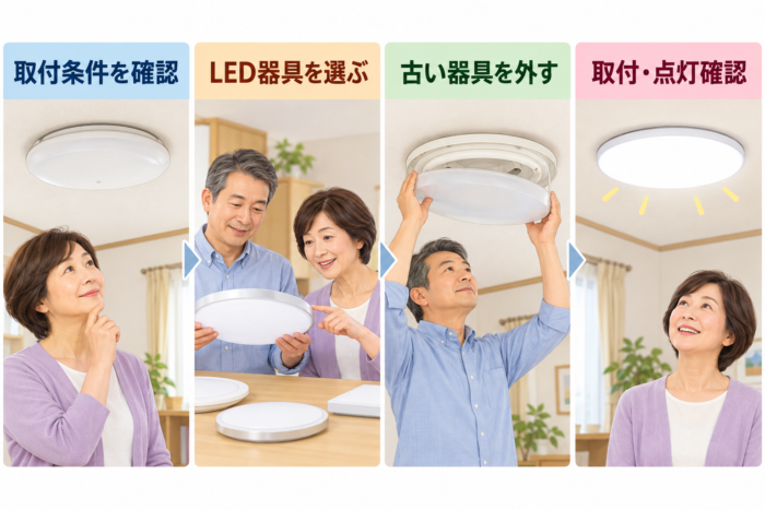 蛍光灯シーリングライトのLED交換について、取り付け条件の確認から点灯確認までの4段階を示した図