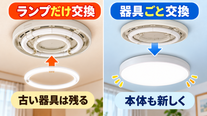 蛍光灯をLEDランプだけ交換する場合と照明器具ごと交換する場合の違い