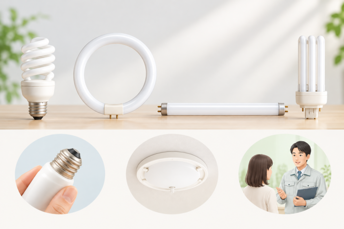 蛍光灯からLEDへ交換する前に確認する電球形・丸型・直管型・コンパクト形の4種類を並べた概念図