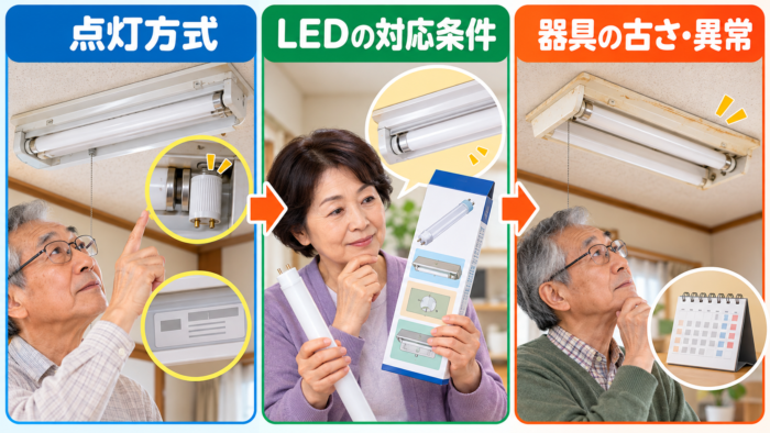 蛍光灯を工事なしでLEDに交換できるか判断するための3つの確認項目