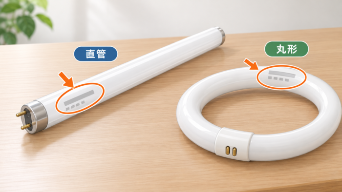 直管蛍光灯と丸形蛍光灯で型番の印字を探す場所を示すイメージ