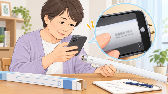蛍光灯の型番をスマートフォンで拡大して確認している場面