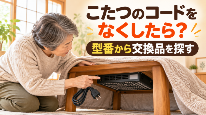 こたつの電源コードをなくしたときにヒーターユニットの型番から交換品を探す方法を紹介するアイキャッチ