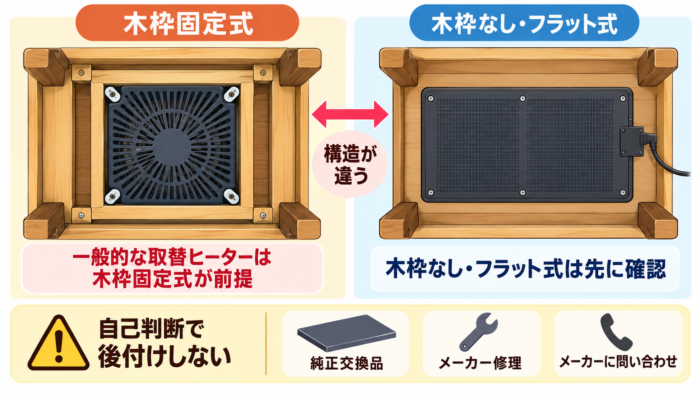 木枠取付型と木枠なしやフラットヒーターの構造の違いを示す概念図