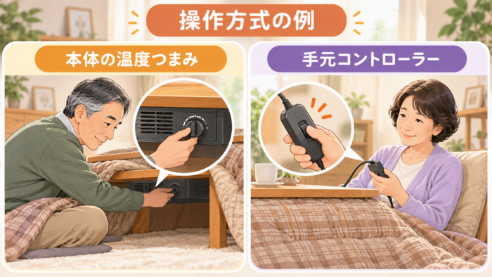 こたつの温度調節がヒーター本体のつまみ式か手元コントローラー式かの違い