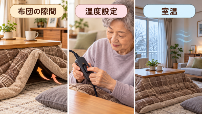 こたつがぬるいとき布団の隙間や温度設定と室温を確認する場面