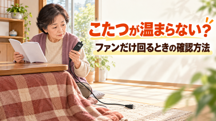 こたつが温まらないとき、シニアが取扱説明書と温度調節器を確認している様子を描いたアイキャッチ