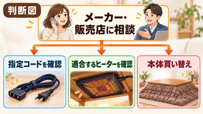 こたつが暖まらない場合に相談後のコード交換やヒーター交換と本体買い替えを判断する流れ