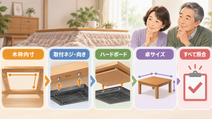 こたつ取替ヒーターを買う前に確認する木枠とネジとハードボードと卓サイズの4条件