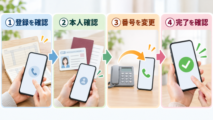 固定電話を解約する前に銀行の届出番号を確認し変更完了まで進める4つの手順を示した図