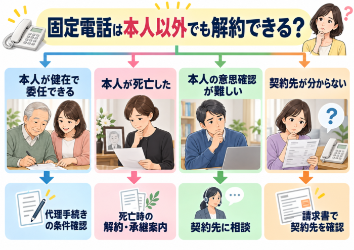 固定電話の契約者が健在・死亡・意思確認困難・契約先不明の4状況から必要な手続きを選ぶ分岐図
