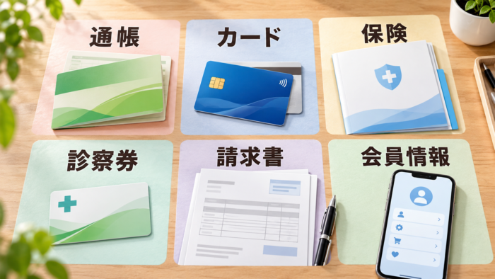 固定電話の登録先を調べるために通帳・カード・保険証券・診察券・請求書・会員情報を確認するイメージ