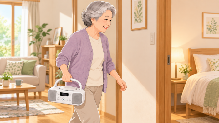 CDラジオを取っ手で持って部屋を移動するイメージ