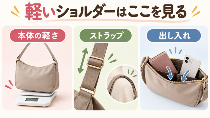 軽いショルダーバッグを選ぶときの3つの確認ポイント