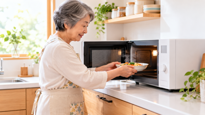 使いやすい高さに置いた電子レンジから皿を取り出すイメージ