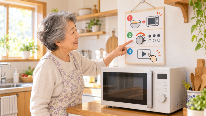 電子レンジの近くに置いた簡単操作カードを確認するイメージ