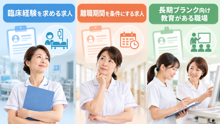 看護師求人によってブランクや経験の条件が異なることを示す図