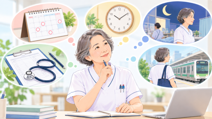 60歳からの仕事選びで勤務条件を確認する看護師