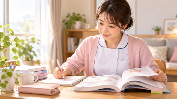 復職前に自宅で看護の勉強を見直す看護師の場面