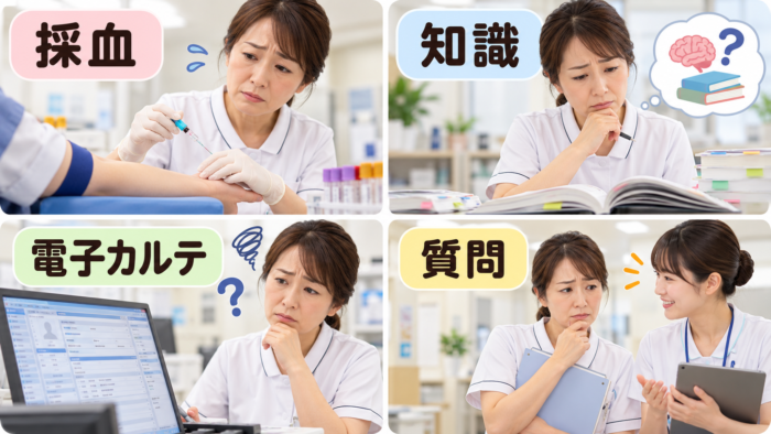 ブランク明けの看護師が採血や電子カルテなどに戸惑う場面